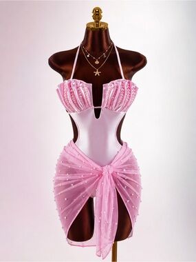 Pink Pearl-Embellished Mermaid bathing suit set- comes with necklace too!!